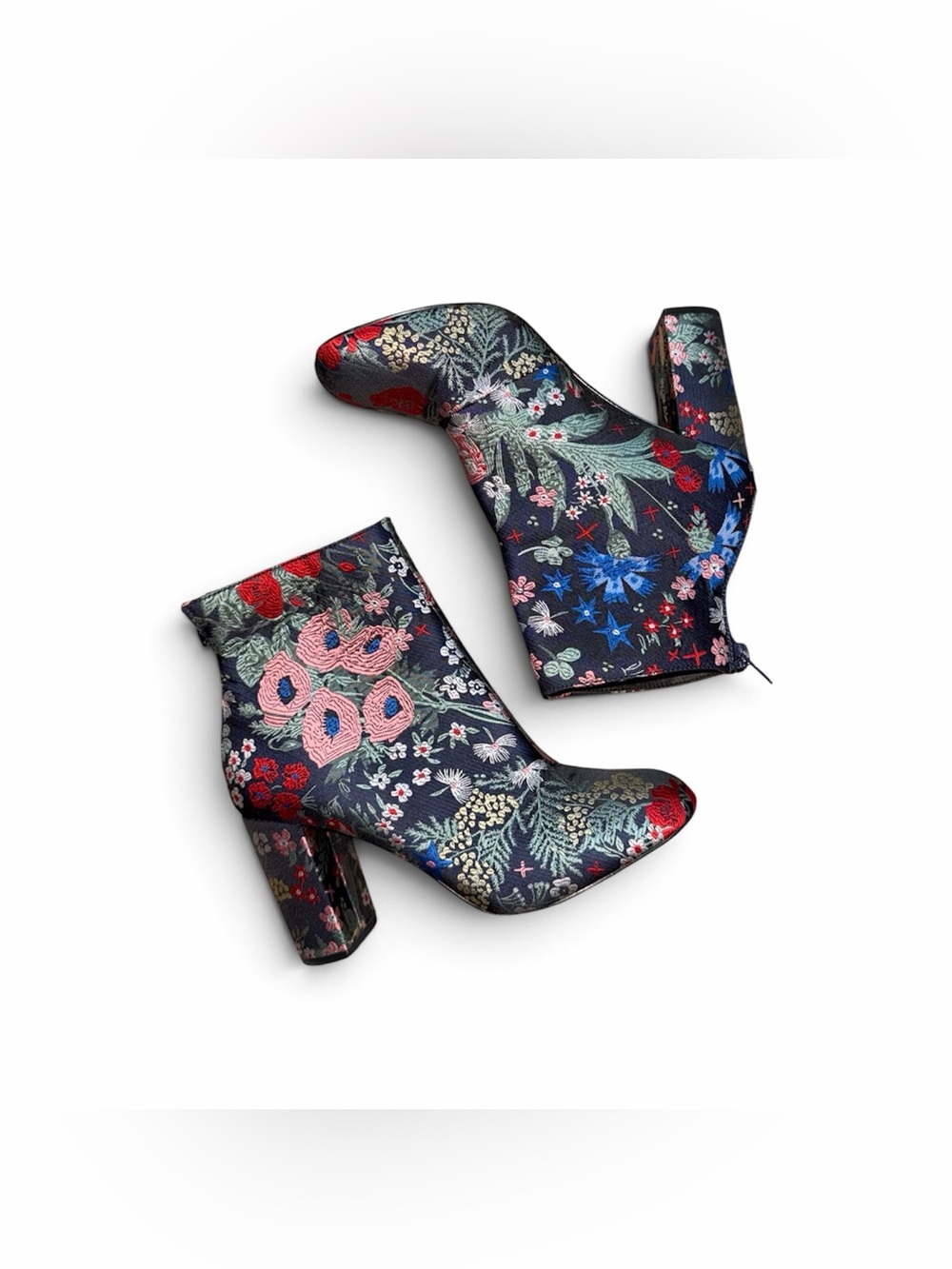 Boho Floral Tapestry Ankle Booties | Women’s Size 9 Jacquard Statement Heels